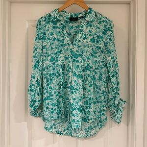 Maeve Teal/White Floral Tab Sleeve Button Up Small